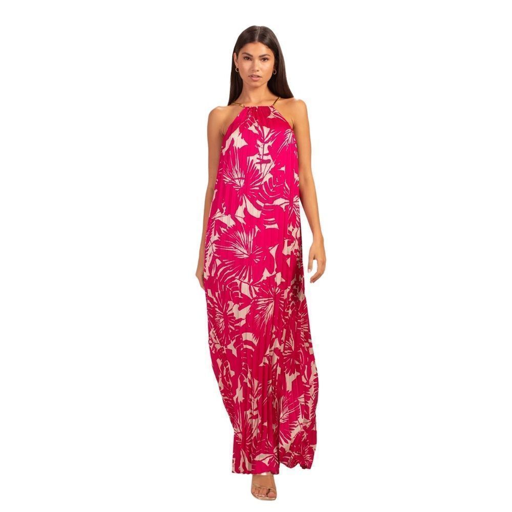 Trina Turk Pleated Halter Maxi Dress Pink Tropical Nwt Xs Flowing